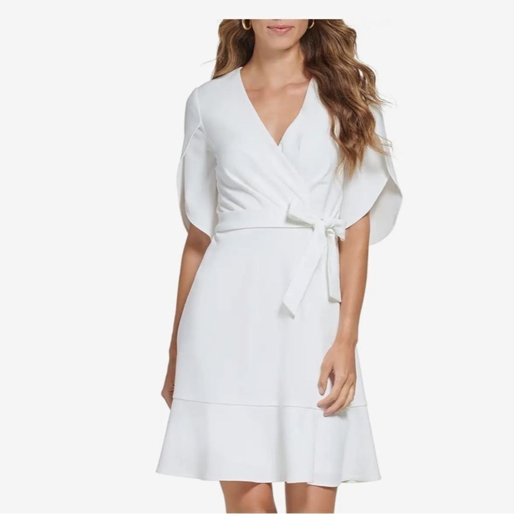 DKNY Womens Tulip-Sleeve V-Neck Dress Ivory Office Wear to Work Dress M